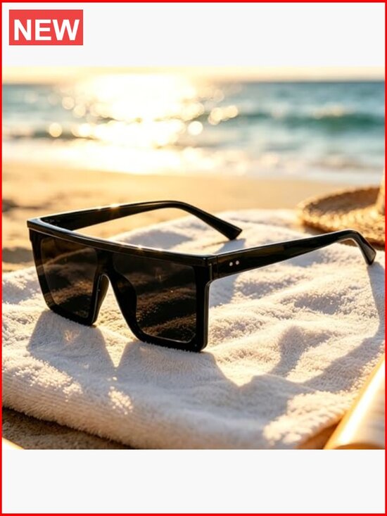Oversized Square Sunglasses Flat Top Black Frame UV400 Non-Polarized